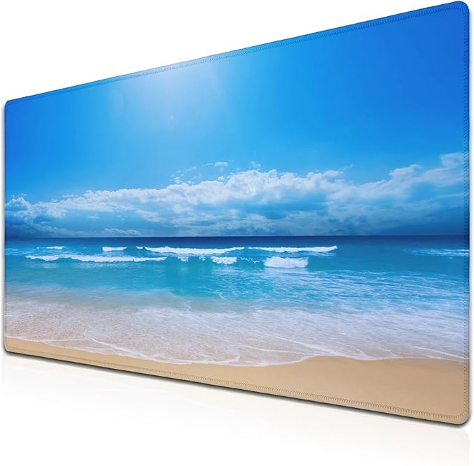 Desktop Mouse Pad Blue Full Desk Mat Large Mouse Pads Desktop Mats Large Mouse Mat Non-Slip Rubber Base Waterproof with Stitched Edges 35.4" X 15.7" for Game Office, Sea Water and Beach