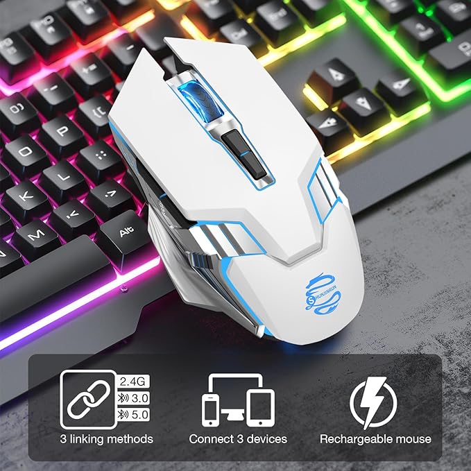 Bluetooth Wireless Gaming Mouse, RGB Rechargeable USB Wireless Mouse, Quiet Click, LED Backlit, Ergonomic, with Side Button, DPI Adjustable Computer Mice for Laptop PC MacBook Chromebook - White