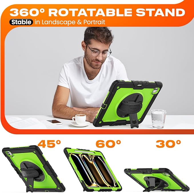SEYMAC stock Case for iPad Pro 13-inch M5-M4 2025-2024, Shockproof Heavy Duty Case with Screen Protector, Pencil Holder, Rotating Stand, Hand Strap, Shoulder Strap, Green