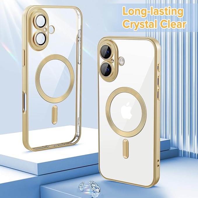 Hython Magnetic Clear for iPhone 17 Case with Camera Lens Protector [Compatible with MagSafe] Luxury Plating Edge Slim Soft TPU Cover Protective Phone Case for iPhone 17 6.3", Matte Gold