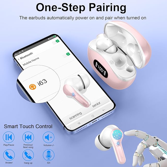 Wireless Earbuds, 48Hrs 2026 Bluetooth Headphones, Hi-Fi Stereo Deep Bass Ear Buds, ENC Noise Cancelling Mic, Clear Calls, IP-X7 Waterproof, USB Sport Earphones in Ear for Phones Laptop Pad, Pink