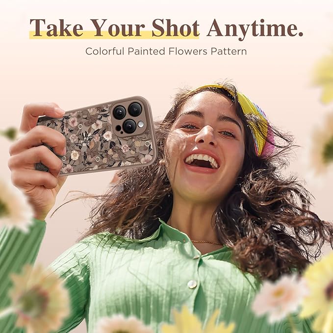GVIEWIN for iPhone 16 Pro Case Compatible with MagSafe, [Military Grade Protection] [Screen Protector] Full Camera Protection Floral Translucent Women Magnetic Phone Case, Apricot Blossom/Brown