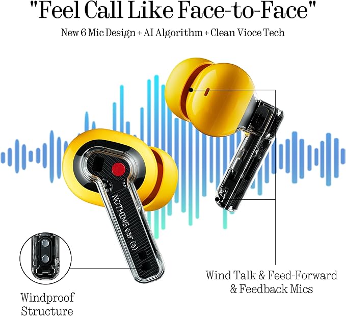 Nothing Ear (a) Wireless Earbuds, 45dB Hybrid Noise Cancelling Earbuds, Hi-Res Audio, Advanced Equaliser, Dual Connect, 6 Mics, 42.5H Playtime Ear Buds Wireless Bluetooth, Yellow