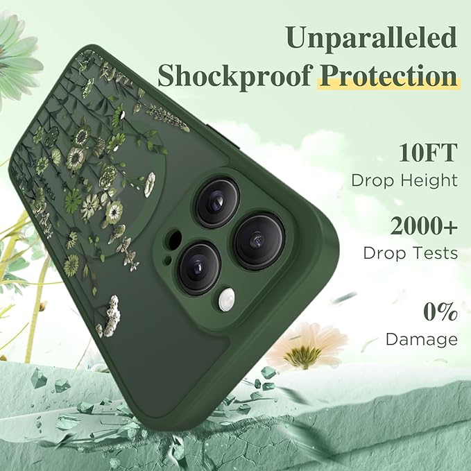 GVIEWIN for iPhone 15 Pro Max Case Compatible with MagSafe, [Military Grade Protection] [Screen Protector] Full Camera Protection Floral Translucent Women Magnetic Phone Case, Floratopia/Forest Green