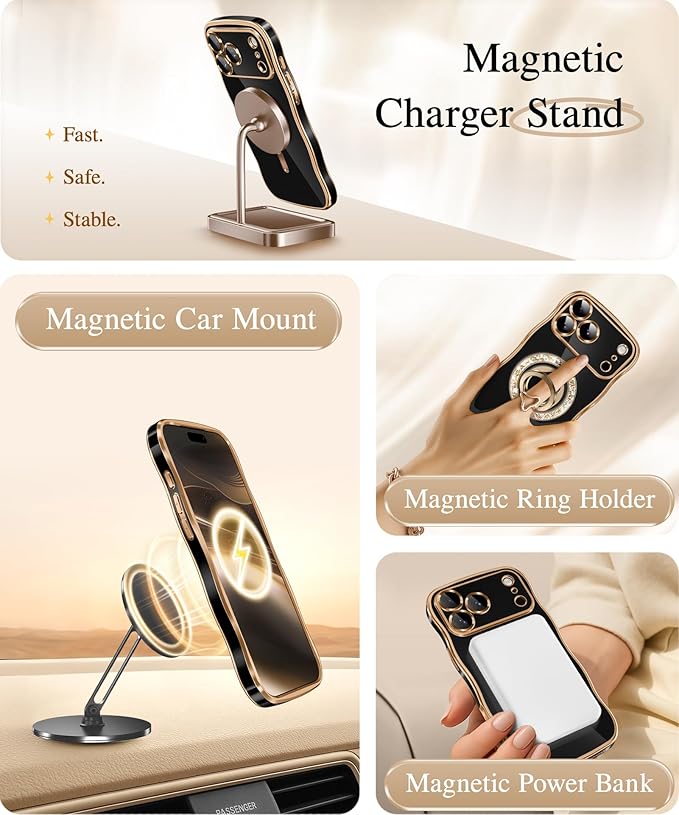 GVIEWIN for iPhone 17 Pro Max Case Compatible with MagSafe, Upgraded [Full Camera Protection][Cute Wave Frame][Military Grade Protection] Electroplated Hard Phone Cover for Women Girl,Glitter/Orange