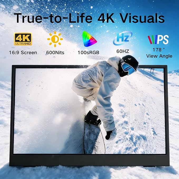 15.6-inch 4K Portable Monitor, 3840×2160 Ultra HD IPS Computer Display, 100% sRGB HDR Graphics Monitor, USB-C Port, Compatible with PS4/PS3/Xbox One/Switch and Other Devices