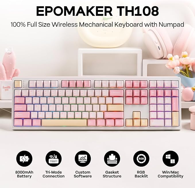 EPOMAKER TH108 Full Size Mechanical Keyboard, Wireless Gaming Keyboard with 8000mAh Battery, Creamy Gasket, 108 Keys, Hot Swap, Custom Driver, RGB Backlight (Pink, Creamy Jade)