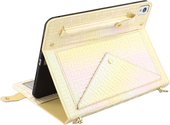 Shiny Case for iPad 9th 8th 7th Gen 10.2"/iPad Air 2019/iPad Pro 10.5, Techcircle Crossbody Iridescent Folio Stand Wallet Case with Pencil Holder+Card Slots+Hand Strap+Shoulder Strap, Shiny Yellow