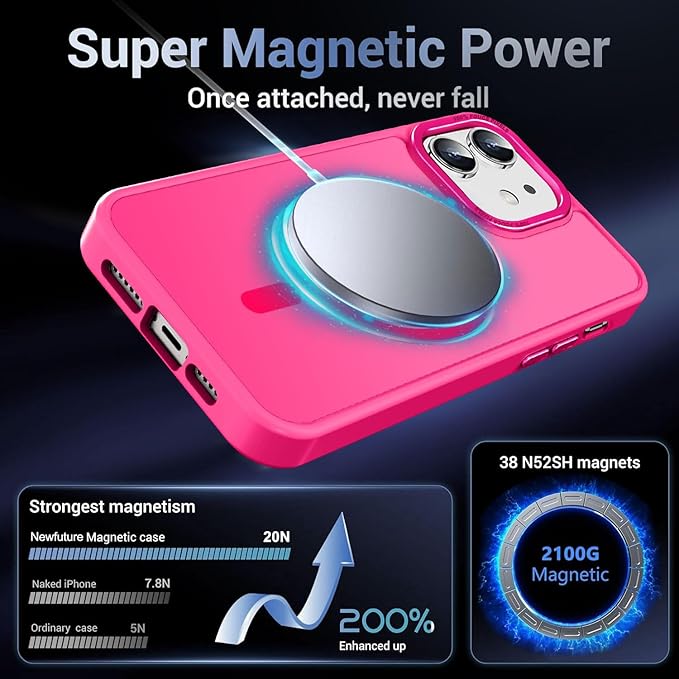 Newfuture Designed for iPhone 12 Case/iPhone 12 Pro Case with Magnetic [13 FT Military Drop Protection] [Compatible with Magsafe] Translucent Shockproof with Anti-Fingerprint Phone Case, Hot Pink