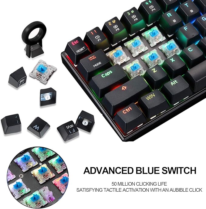 MOTOSPEED 60% Mechanical Keyboard Portable 61 Keys RGB LED Backlit Type-C USB Wired Office/Gaming Keyboard for Mac, Android, Windows（Blue Switch）