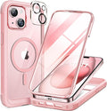 Miracase Glass Series for iPhone 15 Case [Compatible with MagSafe] Full-Body Magnetic Case with Built-in 9H Tempered Glass Anti-Fingerprint Screen Protector + Camera Lens Protector, Pink and Clear