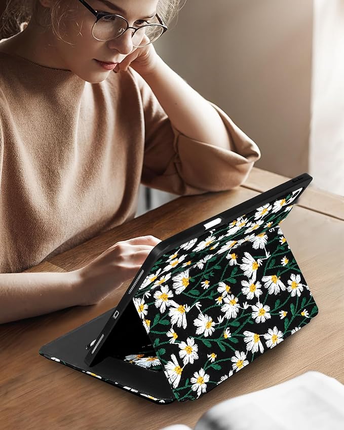 Uppuppy for iPad Air 13 Inch Case M3 2025/M2 2024, for iPad Pro 12.9 Case 6th/5th/4th/3rd Gen - Women Girls Cute Embroidered Folio Stand Cover with Pencil Holder & Card Slot Girly Black Daisy Floral