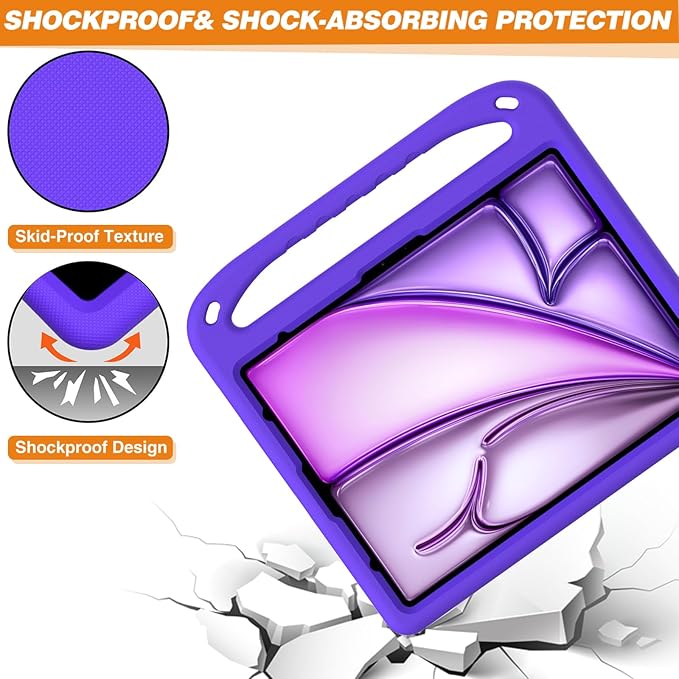 Kids Case for iPad Pro 13 inch (M5) 2025/ (M4) 2024, with Pencil Holder/Kickstand/Handle Stand Lightweight Cute Soft EVA Shockproof Silicone Anti-Slip Grip Rugged Girls Boys Cover, Purple