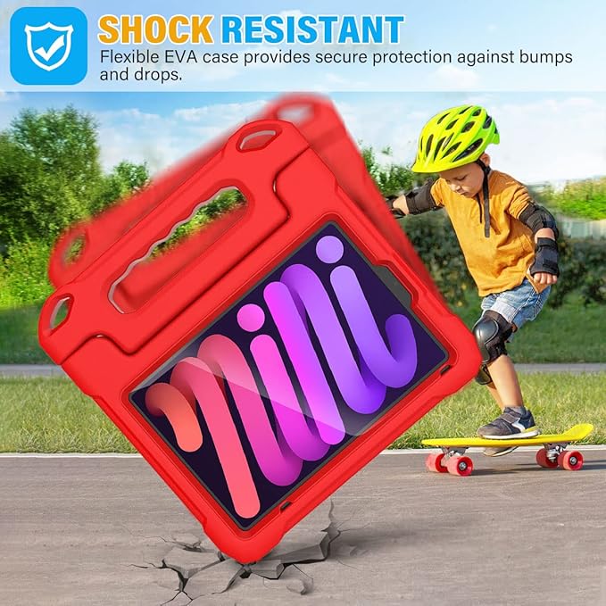 SUPLIK Kids Case for iPad mini 7 (A17 Pro) 2024 & Mini 6 2021, iPad mini 6th/7th Generation Case with Screen Protector, Durable Shockproof Handle Stand Cover for 8.3-inch iPad mini 6/7 Gen, Red