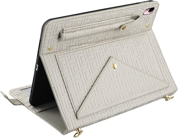 Handbag Case for iPad 9.7 Inch 2018/2017 (6th/5th Gen), iPad Air 2/Pro 9.7 Cover, Techcircle Cute Folio Stand Wallet Case w/Pencil Holder, Card Slots, Hand Strap, Shoulder Strap, Off-White