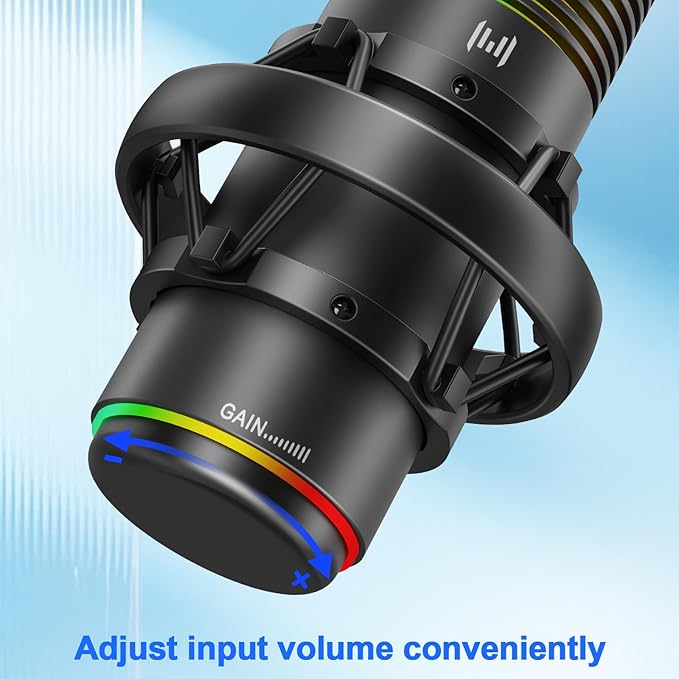 USB Gaming Microphone, 192kHz/24bit, Cardioid Condenser Microphone for Computer, Streaming Mic with RGB Light, Mute Button, Headphone Jack, Volume Control, Perfect for Xbox, Recording, Singing