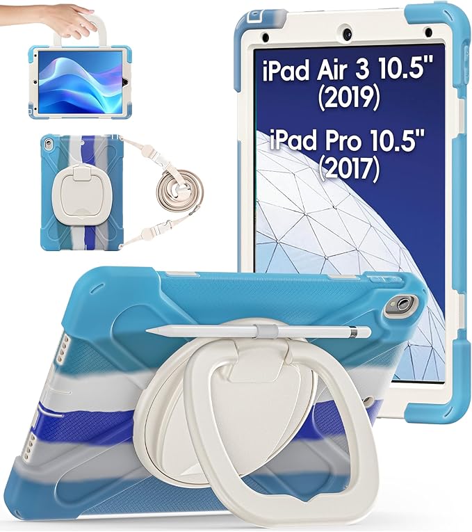 BATYUE 10.5 inch Case for ipad Air 3rd Generation 2019 / ipad pro 10.5 2017; Rugged Heavy Duty Protective Cover with Pencil Holder, 360° Swivel Stand, Shoulder Strap; for Kids (Colourful Blue)
