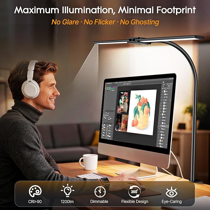 Syrinx LED Desk Lamp for Office Home, Dual Head Eye-Care Architect Table Lamp, Gesture/Wired Control, Flexible Neck, Bright Desk Light with Memory/Timer, 50 Lighting Modes for Study, Reading, Drafting