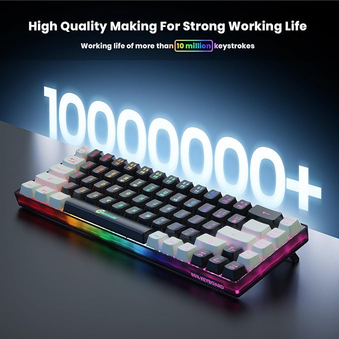 GEODMAER 65% Wireless Gaming Keyboard: LED Backlit, 68 Keys, Ultra-Compact, Anti-ghosting, No-Conflict Wireless Keyboard for PC Laptop Windows Gamer(Black-White)
