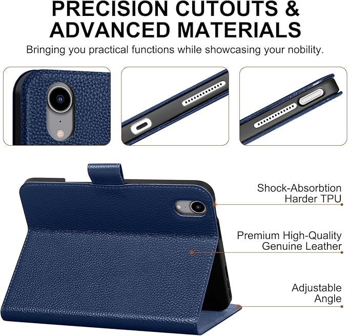 Genuine Leather Case for iPad mini 7th/6th Gen 8.3 Inch 2024/2021 | with Pencil Holder and Adjustable Stand, Magnetic Closure, Auto Wake/Sleep Cover | Blue