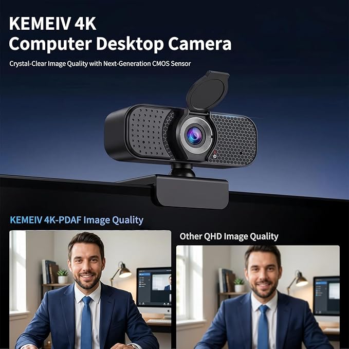 4K Webcam with Autofocus & Tripod, Camera for PC Laptop with Dual Microphone, USB Computer Camera with Low Light Correction, Auto White Balance, Video Camera for Streaming, Meetings, Office, Zoom