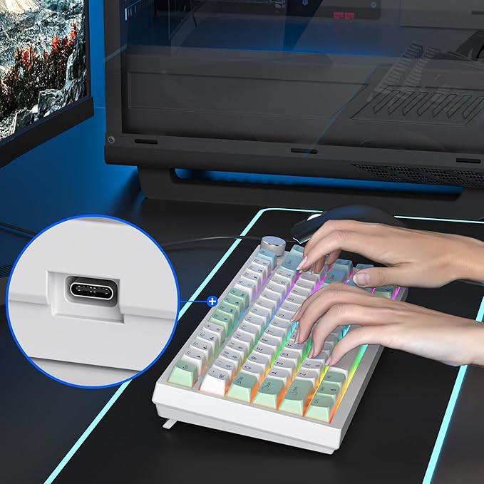 Owpkeenthy Wired 75% Hot Swappable Mechanical Keyboard, Gasket Mounted TKL 82 Key Gaming Keyboard Linear Red Switch RGB Backlit with Volume Knob, for PC Laptop (82 Mint)
