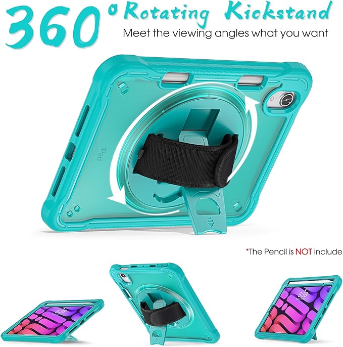 BRAECNstock Case for iPad mini 7 (A17 pro) 2024 & Mini 6 2021 8.3-inch,Shockproof Protective Cover with Pencil Holder,Screen Protector,360° Rotating Hand Strap/Stand-Light Blue