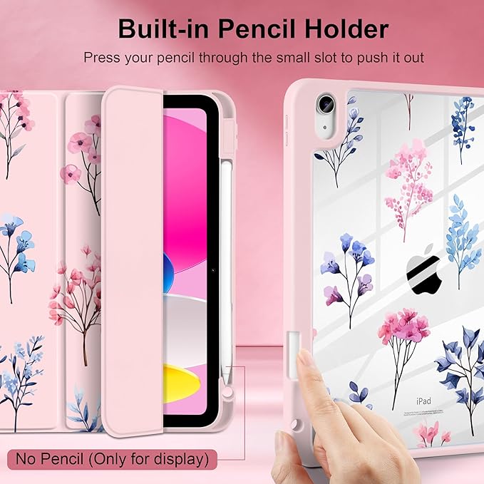 Case for iPad Air 13 inch 2026 M4 2025 M3 2024 M2 Release Slim Shockproof Cute Light Pink Cover with Clear Back TPU Edge Pencil Holder Trifold Stand Auto Wake Sleep, Hand-Drawn Florals