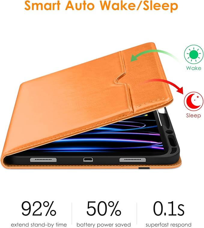 DTTO for iPad Pro 12.9 6th / 5th / 4th / 3rd Generation Case 2022/2021/2020/2018, Leather Folio Stand Cover with Built-in Apple Pencil Holder -Auto Wake/Sleep and Multi Viewing Angles,Orange