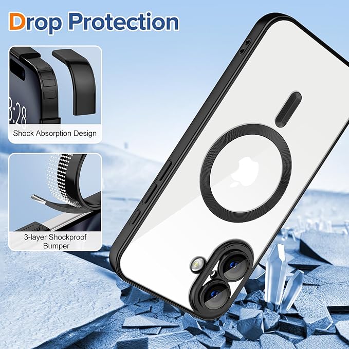 Hython Magnetic Clear for iPhone 16 Case with Camera Lens Protector [Compatible with MagSafe] Luxury Plating Edge Slim Soft TPU Cover Protective Phone Case for iPhone 16 6.1", Matte Black