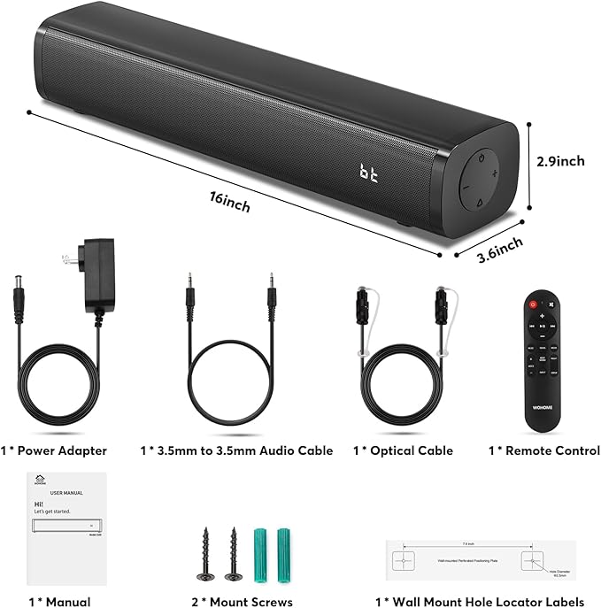 2.1ch Small Sound Bars for TV with 6 Levels Voice Enhancement, Built-in Subwoofer, 16 Inches Bluetooth 5.3 Soundbar Speakers with Optical/AUX/USB Connection, S100