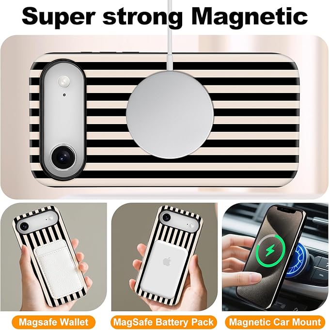 Magnetic for iPhone 17 Air Case Cute Stripes Phone Case, Shockproof Slim TPU and Hard PC Protective Phone Cover Compatible with MagSafe Designed for Women Girls, Black and White