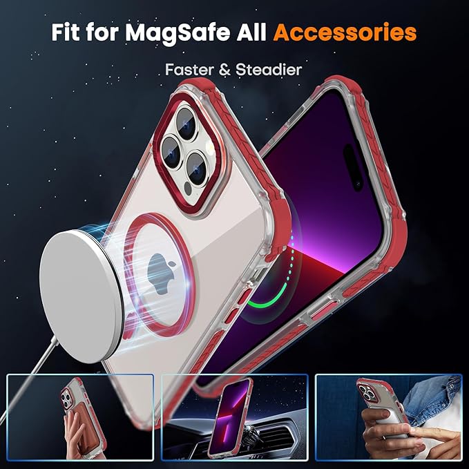 DEERLAMN Strong Magnetic Case for iPhone 15 Pro 6.1-Inch,[Compatible with Magsafe] Clear Slim Shockproof Protective Phone Cover for Women Men-Transparent+Red