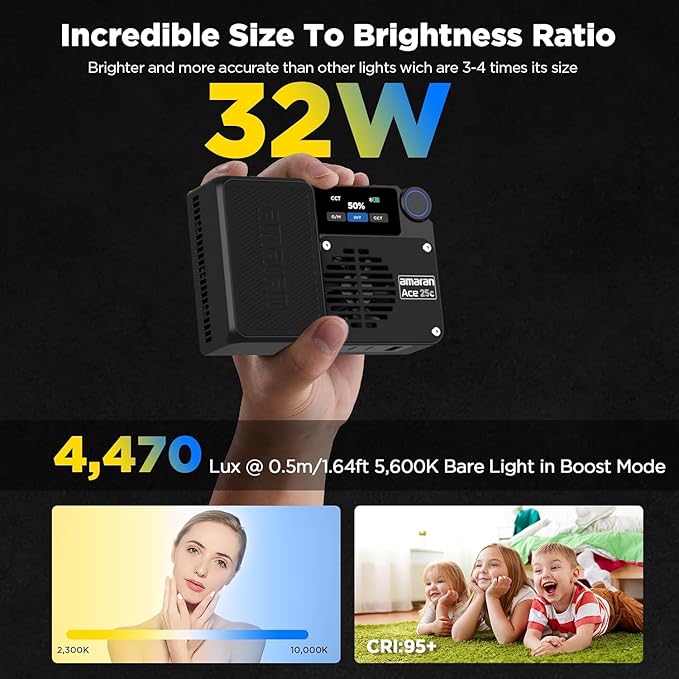 Amaran Ace 25c RGB Video Light,25W On Camera Pocket LED Light CCT 2300k-10000k, 5,908 lux @ 0.5m Illumination,with Rechargeable Battery and PD Charging (White)