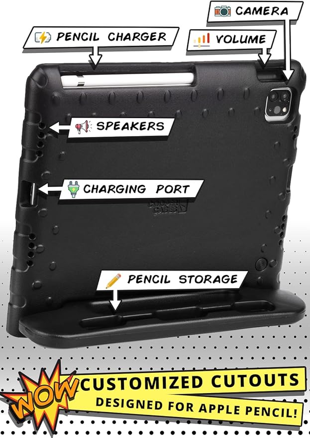 Cooper Dynamo iPad Pro 12.9 Case for Kids for iPad Pro 12.9 6th Generation Case (2022), Also Fits 5th-4th-3rd Gen (2021, 2020, 2018) | Rugged Foam, Magic Handle, Stand, Pencil Holder (Black)