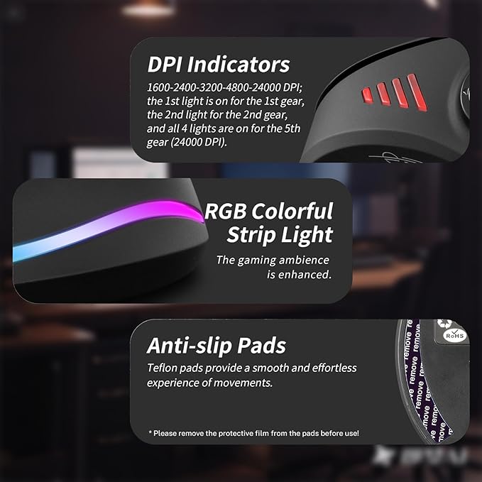 Gaming Mouse with 5 D Rocker, Wireless Vertical Mouse with [24000 DPI] [12 Programmable Buttons], Computer Mouse for Gamer/PC/E-Sports/Laptop (Black)