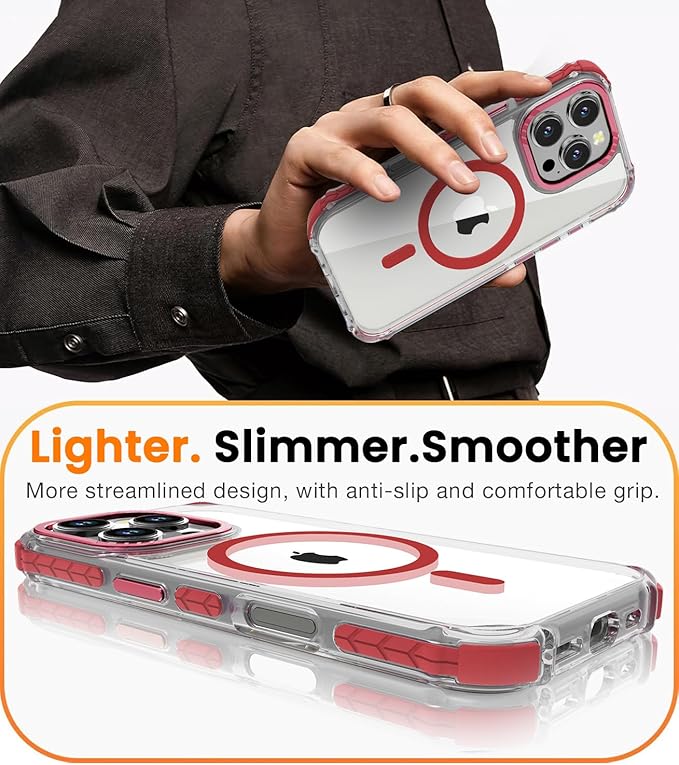 DEERLAMN Strong Magnetic Case for iPhone 16 Pro 6.3-Inch,[Compatible with Magsafe] Clear Slim Shockproof Protective Phone Cover for Women Men-Transparent+Red