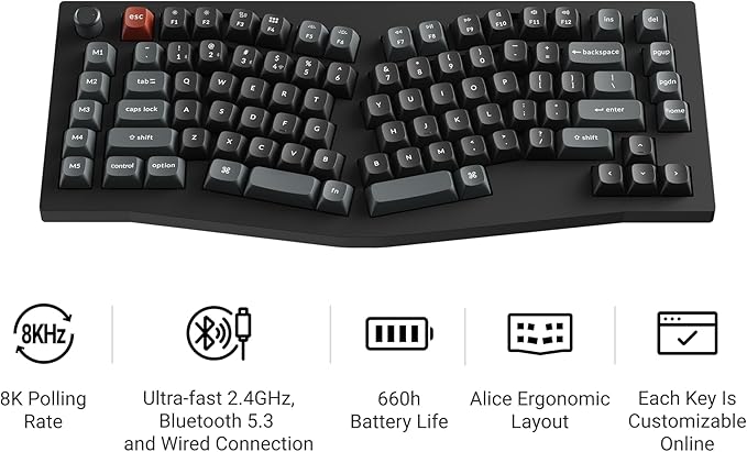 Keychron V10 Ultra 8K Wireless Mechanical Keyboard, 75% Alice Ergonomic Layout, 8000Hz 2.4GHz/Bluetooth 5.3/USB-C Wired, Hot-Swappable ZMK Custom Keyboard with Knob for Mac & Windows