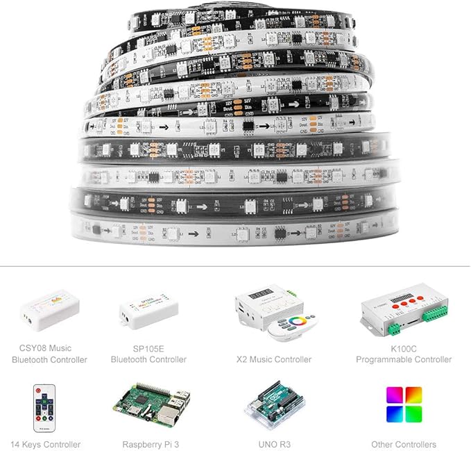 BTF-LIGHTING WS2811 Addressable LED Strip Ultra Bright 5050SMD RGB 60LED/m 20Pixels/m Multi-Colored Light Total 300LED 100Pixels 16.4FT DC12V IP65 Silicone Coating Waterproof(No Adapter or Controller)