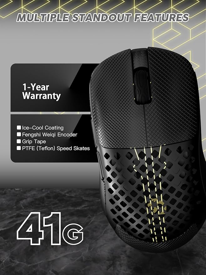 MAMBASNAKE M2 Carbon Fiber Wireless Gaming Mouse, PAW3395PRO 40K DPI, 1K Polling Rate 41g Ultralight Tri-Mode Ergonomic PC Mice, Cloud Driver AI Driver for PC/Mac/Win,Black&Tape