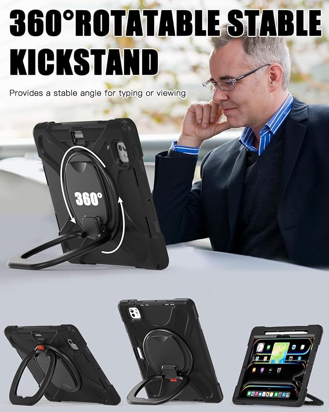 BRAECN Case for iPad Pro 11 (M4/M5) 2024/2025, Heavy Duty Silicone Cover with Screen Protector, Pencil Holder, Shoulder Strap, 360° Rotating Handle Grip, Stable Kickstand for iPad Pro 11 2024, Black