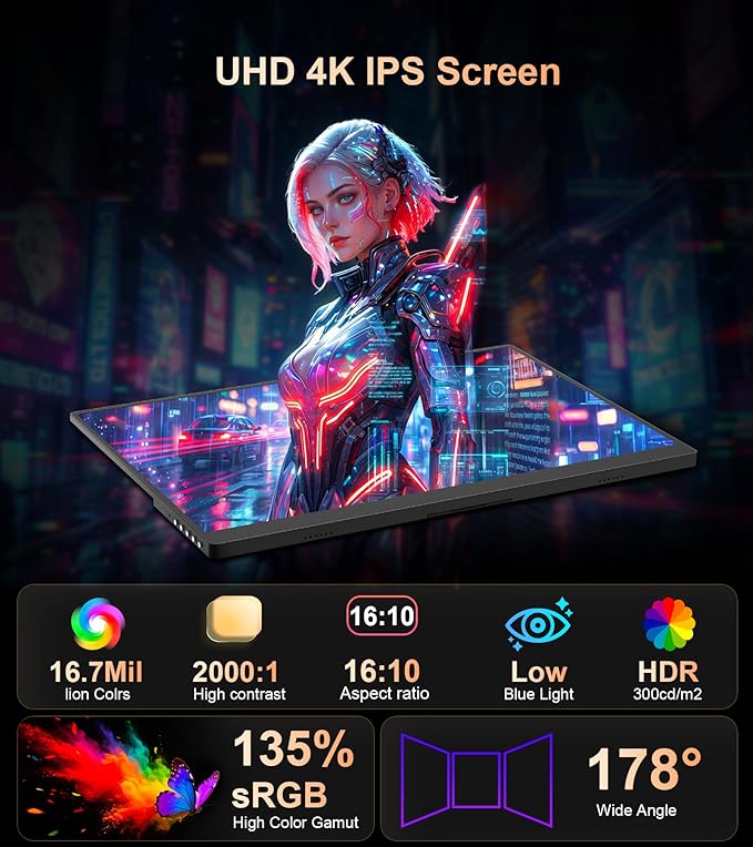 4K Portable Monitor - 15.6" UHD 3840 * 2400 16:10 450 Nits 135% sRGB IPS Screen with 2 USB-C & HDMI Ports for Laptop/Mac/PC/PS5/Xbox with Speakers Stand,VESA Compatible(Metallic Black)