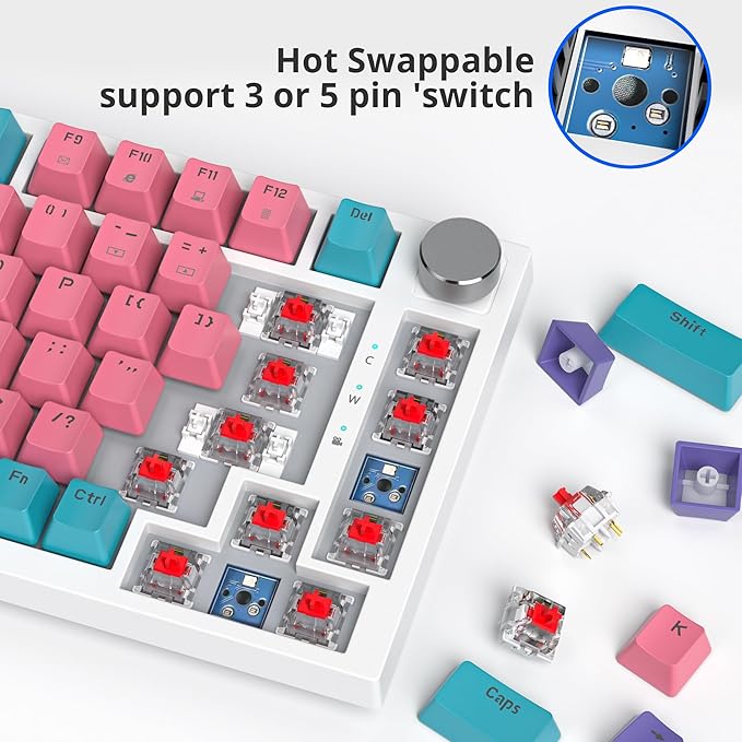 Fogruaden Wired Hot Swappable 75% Percent Mechanical Keyboard, Red Switch, TKL Pink Mechanical Keyboard, Gasket Mount, RGB Backlit Compact Gaming Keyboards with Volume Knob(Pink)