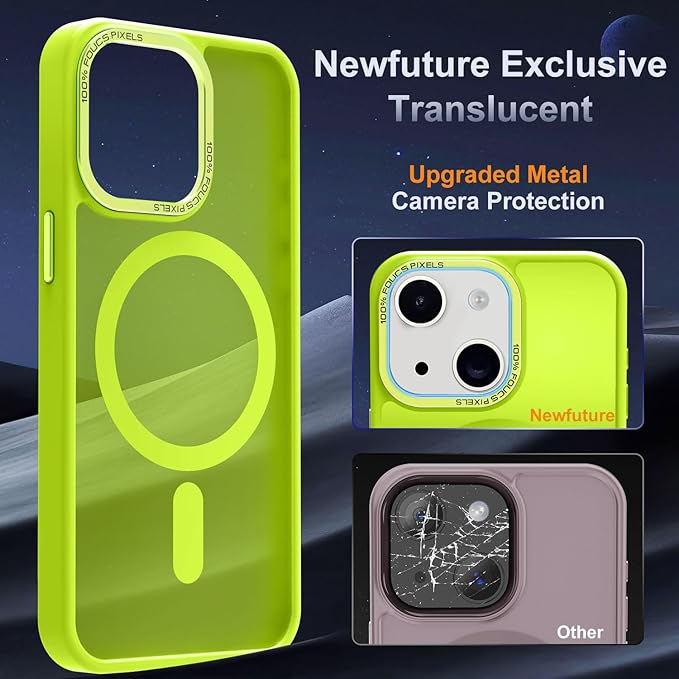Newfuture Magnetic for iPhone 15 Case [Compatible with Magsafe] [Military Grade Drop Protection] Translucent Matte Anti-Fingerprint Shockproof Phone Case for iPhone 15 6.1 inch, Fluorescent Green