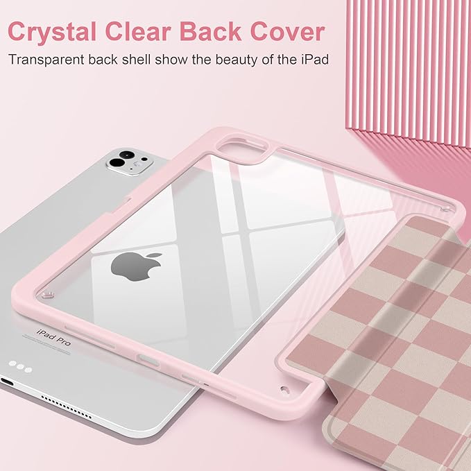 Case for iPad Pro 13 inch (M5) 2025 (M4) 2024 Release with Pencil Holder - Aesthetic Cute Preppy Design Trifold Cover with Soft TPU Bumper Clear Back Auto Sleep/Wake for Girls Women, Lattice