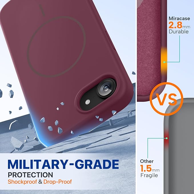 Miracase Magnetic for iPhone 17e Case & iPhone 16e Case, [Soft Anti-Scratch Microfiber Lining], Compatible with MagSafe, Silicone Shockproof Protection Phone Case for iPhone 17e/16e, Wine Red