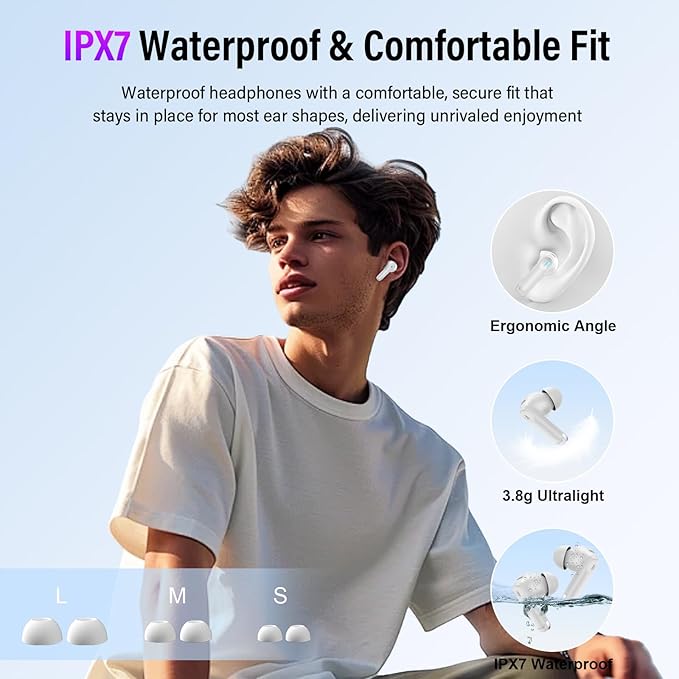 Wireless Earbuds, Bluetooth 5.4 Headphones with Multifunctional Touch Screen, 48H Bass Stereo Ear Buds with ANC/ENC Noise Cancelling/Transparency Mode, IPX7 Earphones with 5 EQ Modes, Milky White