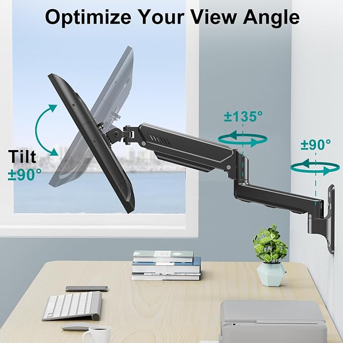 Monitor Wall Mount Fits 17-32 Inch Flat/Curved Computer Screens, Single Arm Holds up to 19.8lbs, Height Adjustable Gas Spring Wall Monitor Stand Tilt, VESA Mount 75x75/100x100