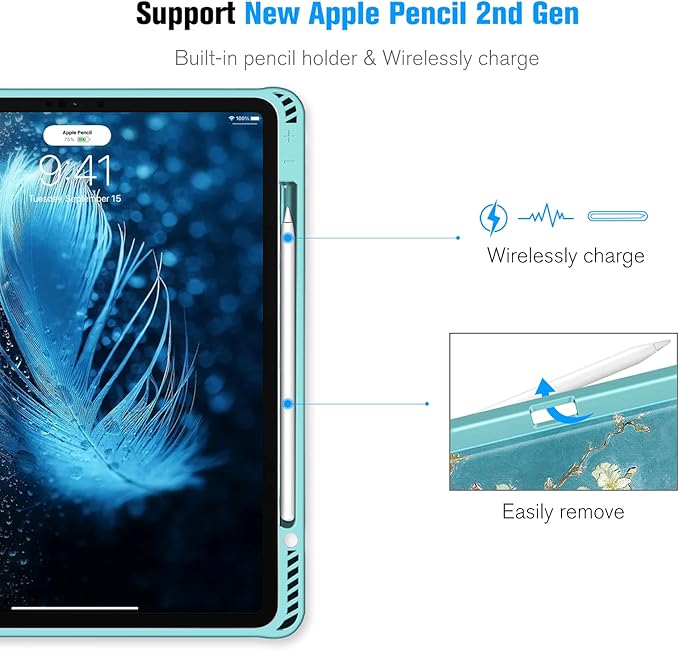 CaseBot Magnetic Case for iPad Pro 12.9-inch 6th Generation 2022, Multiple Angle Shockproof Rugged Stand Case, Soft TPU Back Cover w/Pencil Holder, Also Fit iPad Pro 12.9" 5th/4th/3rd Gen, Blossom