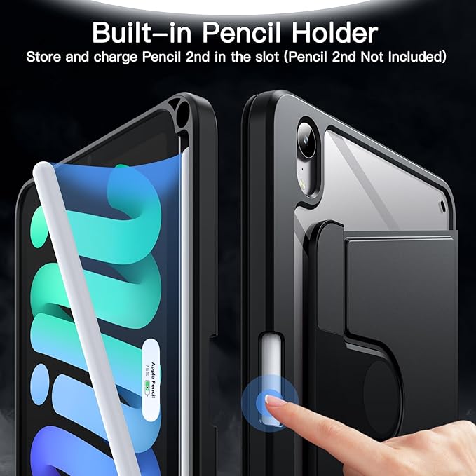 JETech Rotating Case for iPad mini (A17 Pro, 2024 Model, 7th Generation) / mini 6 (2021 Model, 6th Generation) with Pencil Holder, 360 Degree Rotation Protective Stand Cover Clear Back (Black)